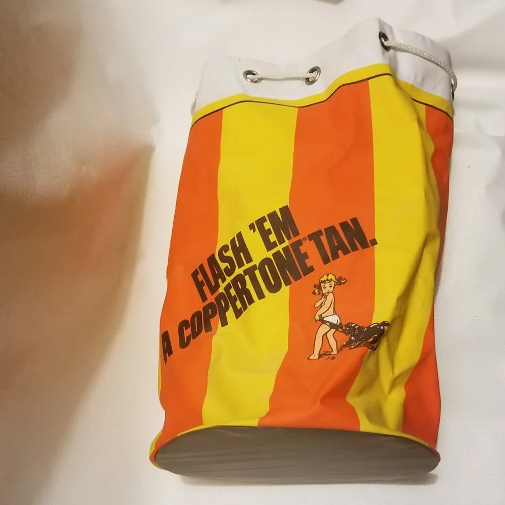 vtg orange & yellow striped vinyl bag w girl & dog - Picture 1 of 14